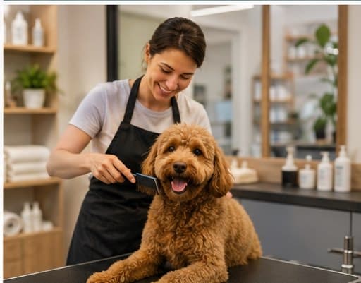 A groomer brushing a happy doodle at a grooming salon