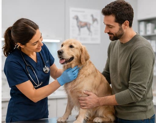 A veterinarian examining a golden retriever while its owner holds it