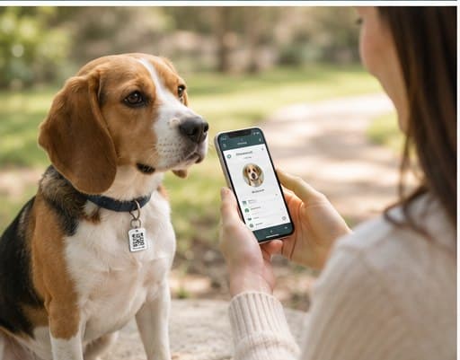 A pet parent scanning their beagle's QR tag with a phone in a park