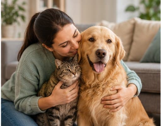 A pet parent holding their cat beside their golden retriever